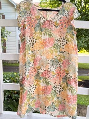 C&C California Tropical Leaf Flutter Sleeve Swim Coverup in Coral, Green & Cream